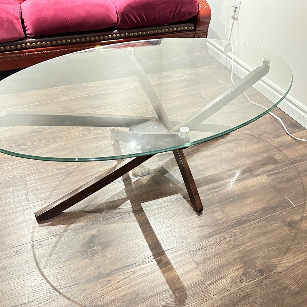 Glass Coffee Table with Wooden Base